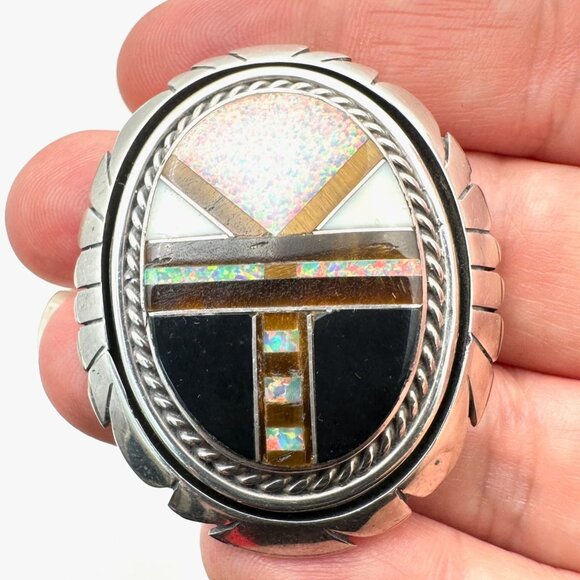 Vintage Native American Inlay Gemstone Pin Brooch Sterling Silver Opal Tiger Eye - Picture 1 of 4